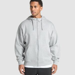 Crest Oversized Zip Up Hoodie Light Grey Core Marl