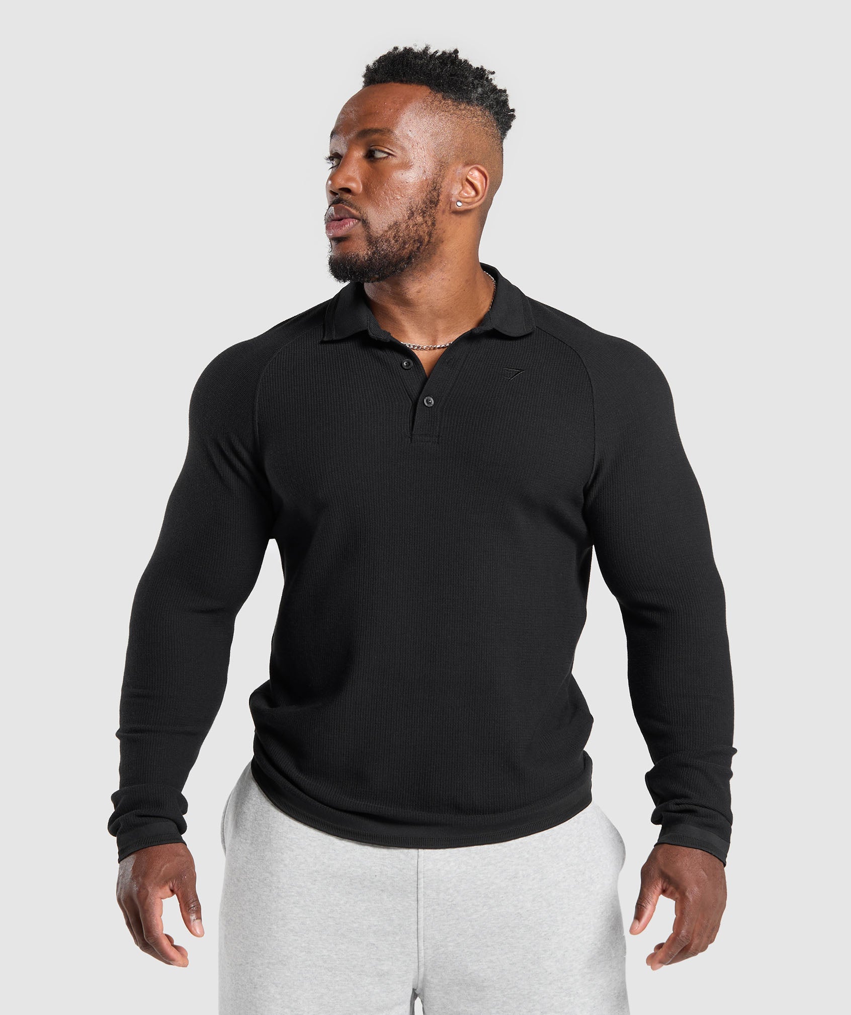 Long Sleeve Waffle Polo Shirt Black